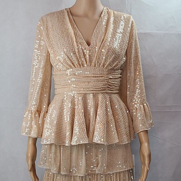 New Mac Duggal Women's (4) Beige 3/4 Sleeve Sequined Ruffle Tiered 2 Piece Gown - Picture 2 of 12